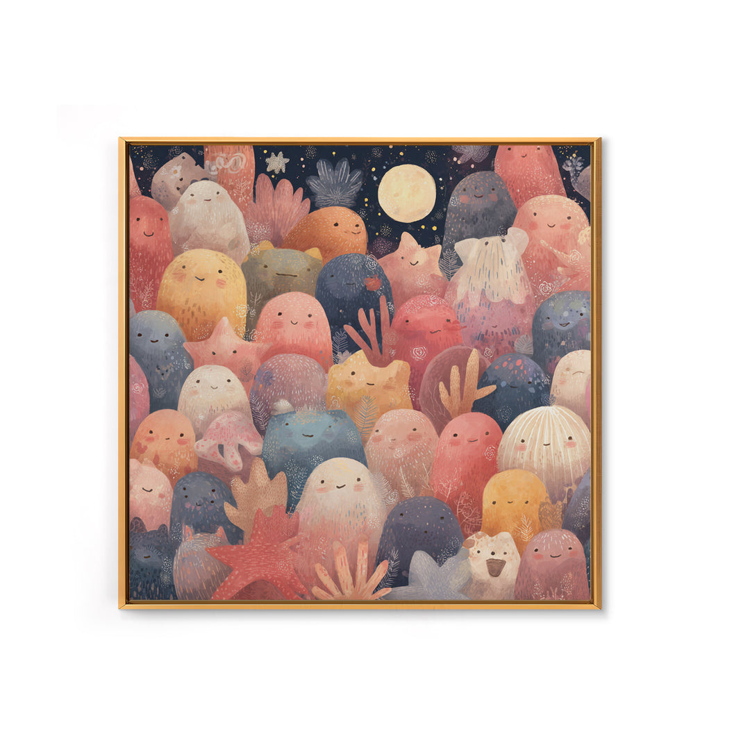 Friendly Ocean Creatures Framed Canvas Print, Nursery Art, Art Print, Nursery Decor, Oil Painting, Nursery 048, Wall Art Set of, NUR-1x1-48