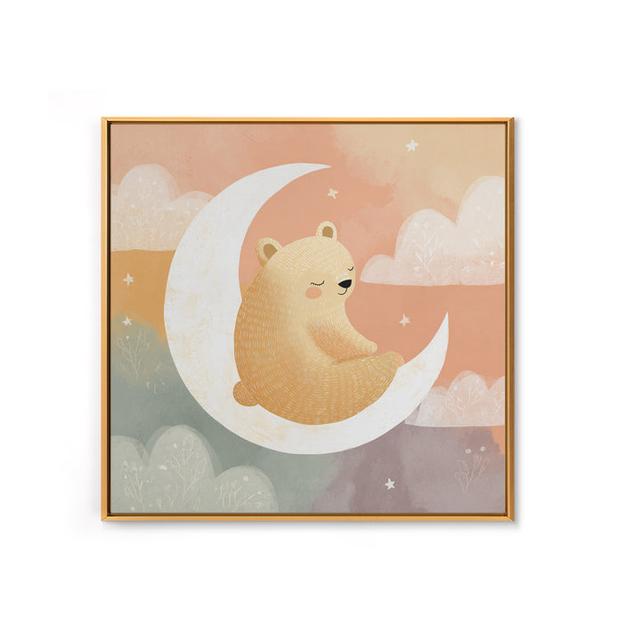 Baby Bear Floating on a Crescent Moon Canvas Print, Nursery Art, Kids Wall Decor, Nursery Decor, Oil Painting, Nursery, NUR-1x1-54