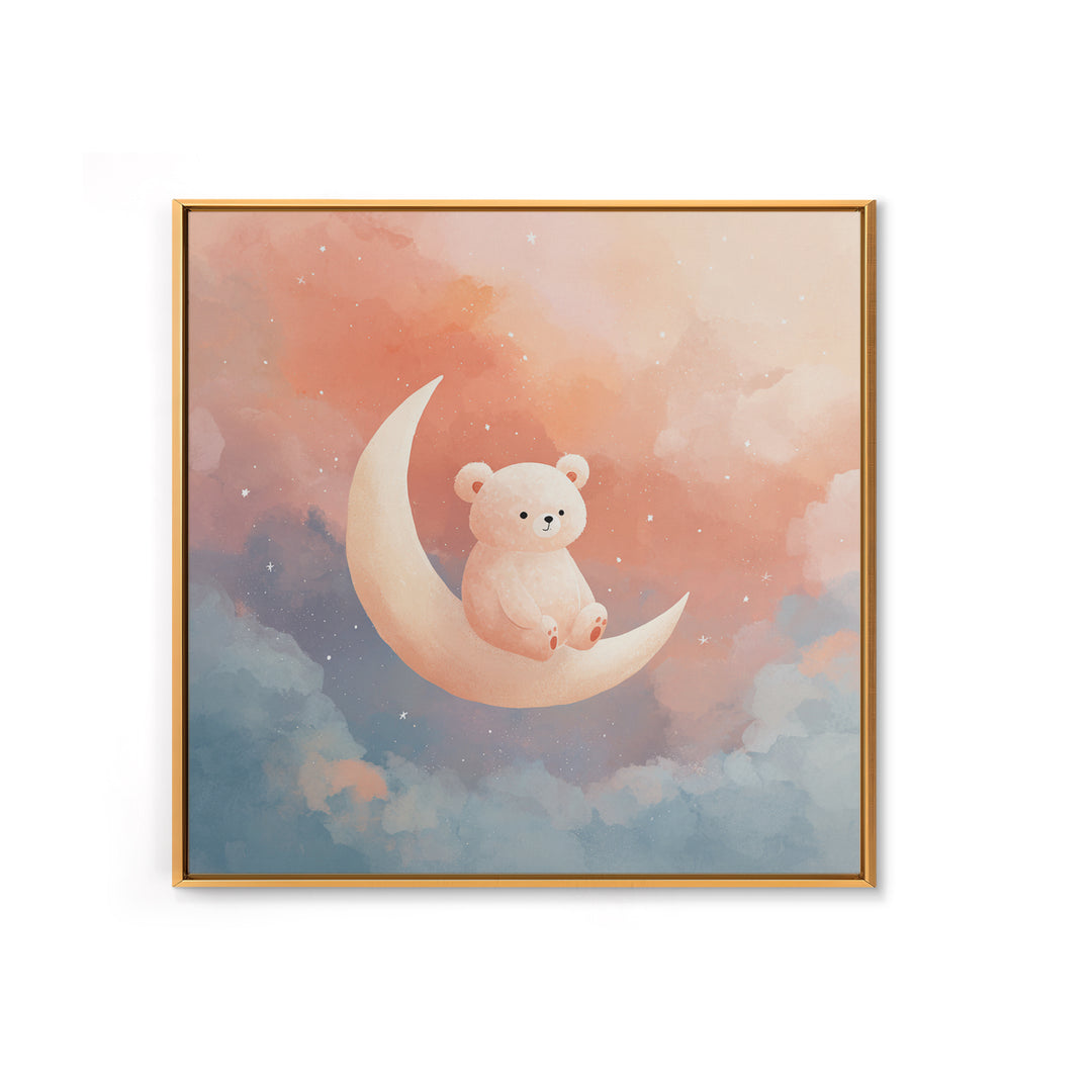 Baby Bear Floating on a Crescent Moon Framed Canvas Print, Nursery Art, Woodland Nursery, Nursery Decor, Watercolor Art, NUR-1x1-6