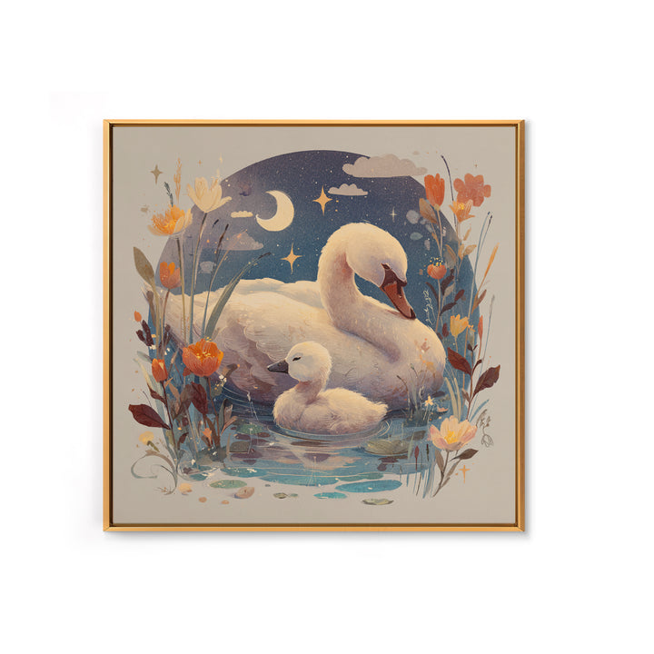 Swan and Cygnet Framed Canvas Print, Nursery Art, Digital Download Art, Nursery Decor, Fine Art, Nursery, Whimsical Wall Art, NUR-1x1-64