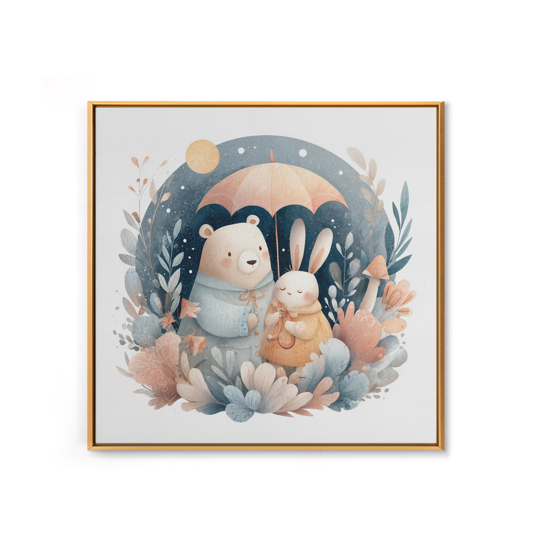 Bear and Rabbit Sharing Umbrella Framed Canvas Print, Nursery Art, Home Decor, Nursery Decor, Fine Art, Nursery, NUR-1x1-65