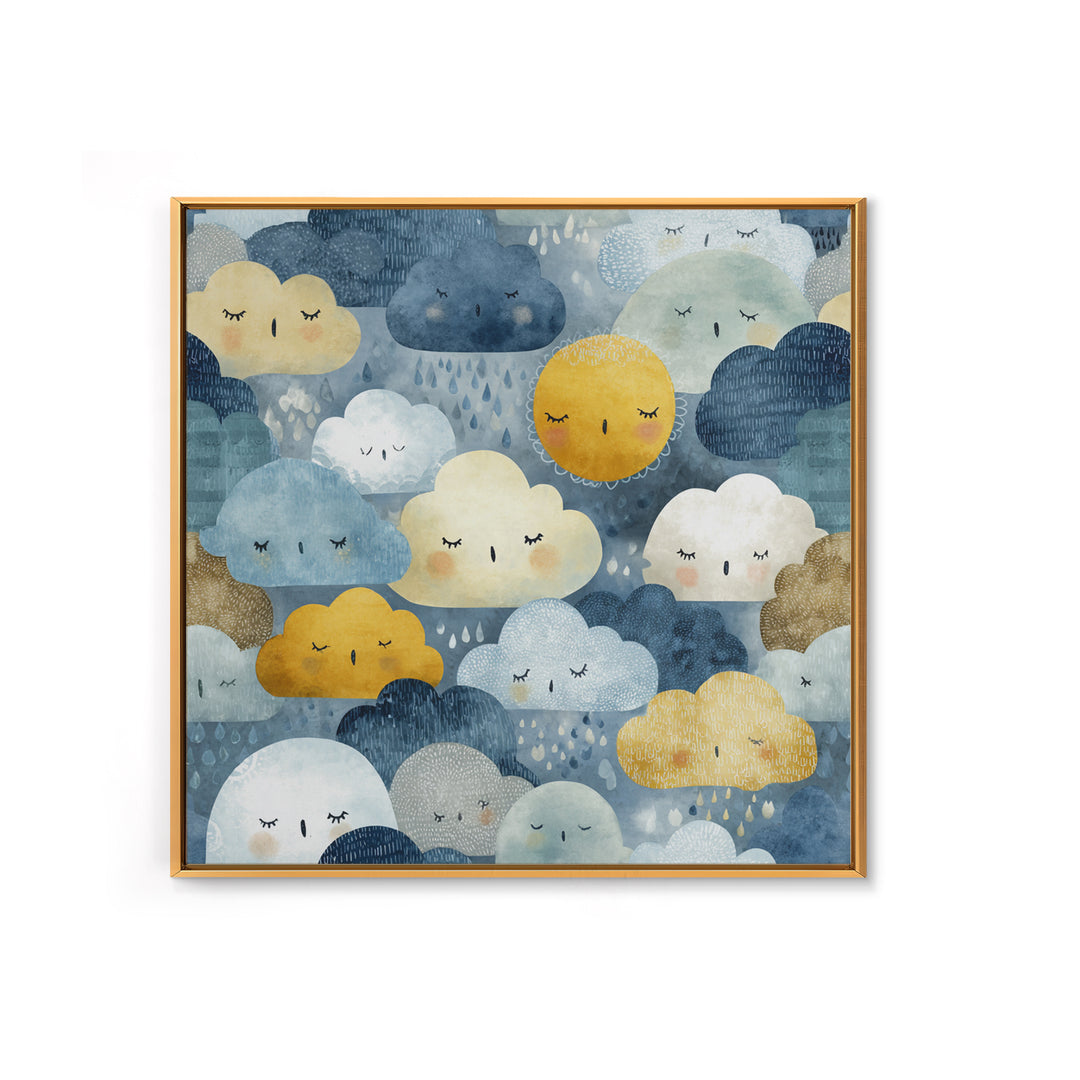 Clouds and Raindrops Framed Canvas Print, Nursery Art, Playroom Wall Art, Nursery Decor, Fine Art, Nursery, Statement Artwork, NUR-1x1-70