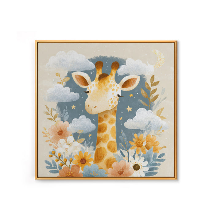 Gentle Giraffe with Pastel Flowers Framed Canvas Print, Nursery Art, Whimsical Wall Art, Nursery Decor, Watercolor Art, Nursery, NUR-1x1-74