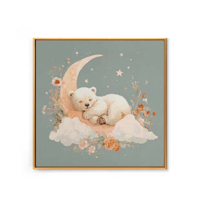 Baby Bear Floating on a Crescent Moon Framed Canvas Print, Nursery Art, Home Decor, Nursery Decor, Fine Art, Nursery, NUR-1x1-78