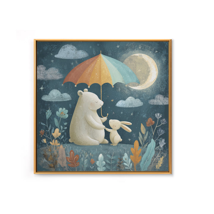 Bear and Rabbit Sharing Umbrella Canvas Print, Nursery Art, Boho Decor, Nursery Decor, Fine Art, Nursery, Wall Hangings, NUR-1x1-89