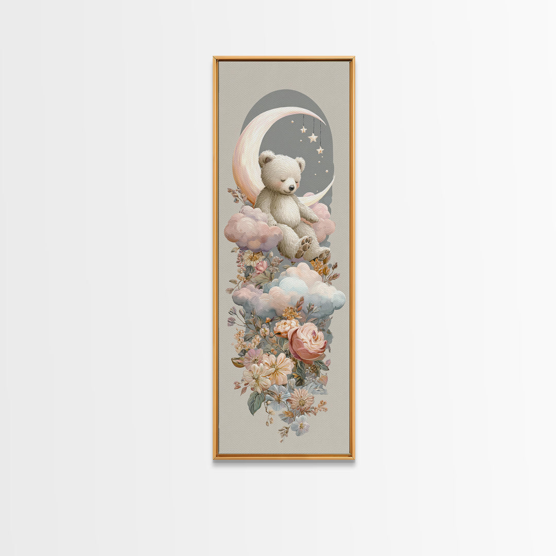 Baby Bear Floating on a Crescent Moon Canvas Print, Nursery Art, Dinosaur Wall Art, Nursery Decor, Fine Art, Nursery, NUR-1x3-18
