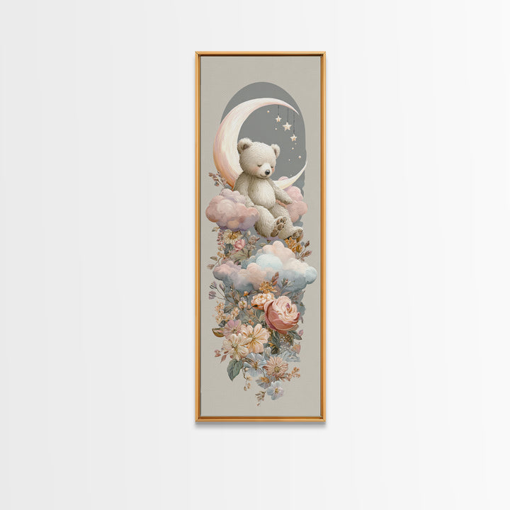 Baby Bear Floating on a Crescent Moon Canvas Print, Nursery Art, Dinosaur Wall Art, Nursery Decor, Fine Art, Nursery, NUR-1x3-18