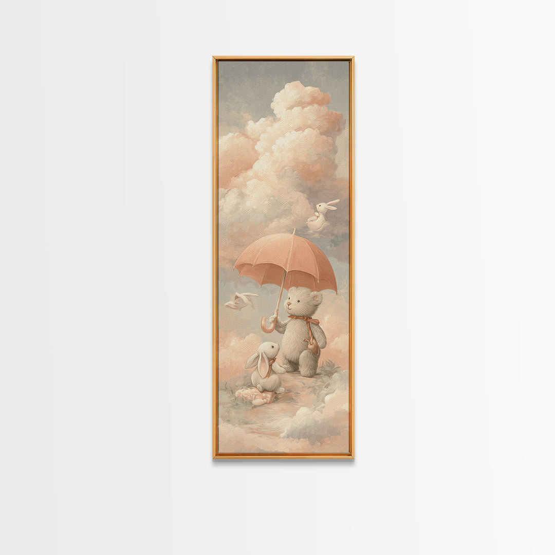 Bear and Rabbit Sharing Umbrella Framed Canvas Print, Nursery Art, Neutral Decor, Nursery Decor, Fine Art, Nursery, Wall Decor, NUR-1x3-29