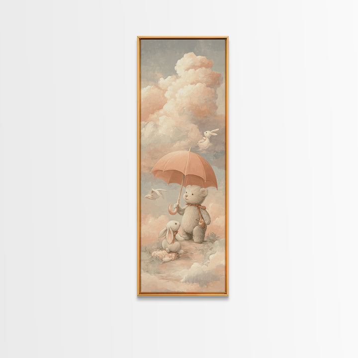 Bear and Rabbit Sharing Umbrella Framed Canvas Print, Nursery Art, Neutral Decor, Nursery Decor, Fine Art, Nursery, Wall Decor, NUR-1x3-29