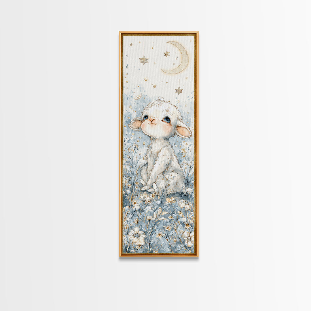 Little Lamb under a Starry Sky Framed Canvas Print, Nursery Art, Wall Hangings, Nursery Decor, Watercolor Art, Nursery, NUR-1x3-31