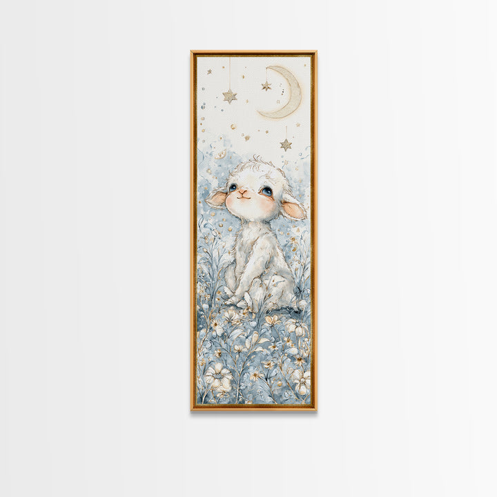 Little Lamb under a Starry Sky Framed Canvas Print, Nursery Art, Wall Hangings, Nursery Decor, Watercolor Art, Nursery, NUR-1x3-31