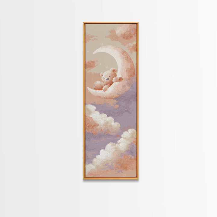 Baby Bear Floating on a Crescent Moon Canvas Print, Nursery Art, Dinosaur Wall Art, Nursery Decor, Fine Art, Nursery, NUR-1x3-42