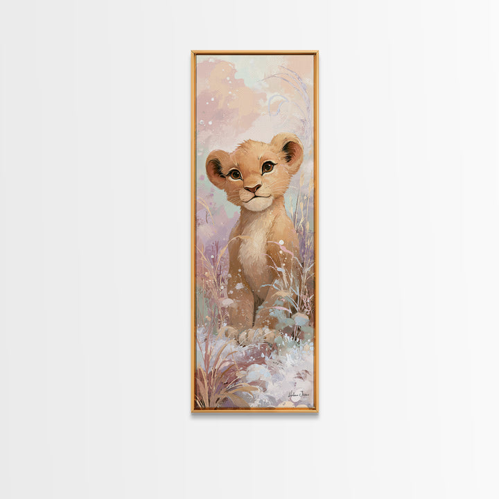 Lion Cub with Soft Golden Mane Framed Canvas Print, Nursery Art, Boho Decor, Nursery Decor, Oil Painting, Nursery, NUR-1x3-45