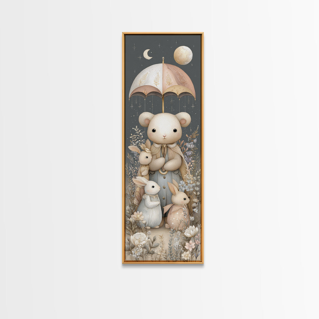 Bear and Rabbit Sharing Umbrella Canvas Print, Nursery Art, Dinosaur Wall Art, Nursery Decor, Fine Art, Nursery, Room Decor, NUR-1x3-5