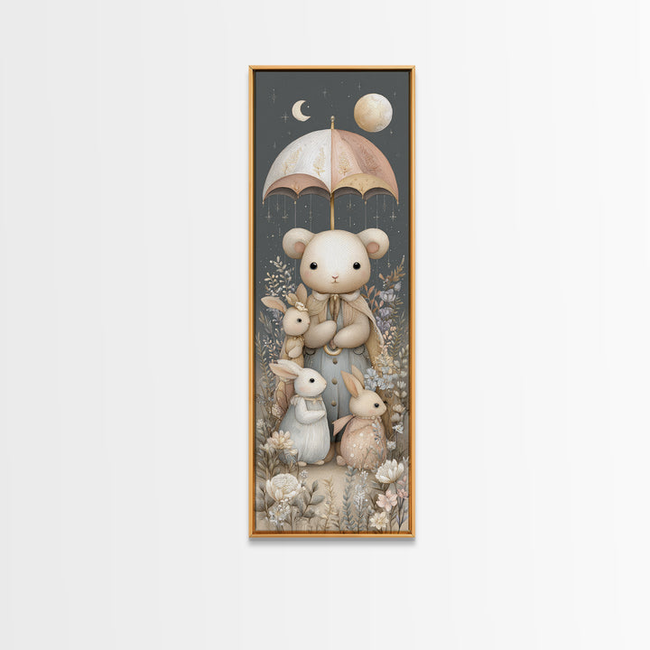 Bear and Rabbit Sharing Umbrella Canvas Print, Nursery Art, Dinosaur Wall Art, Nursery Decor, Fine Art, Nursery, Room Decor, NUR-1x3-5