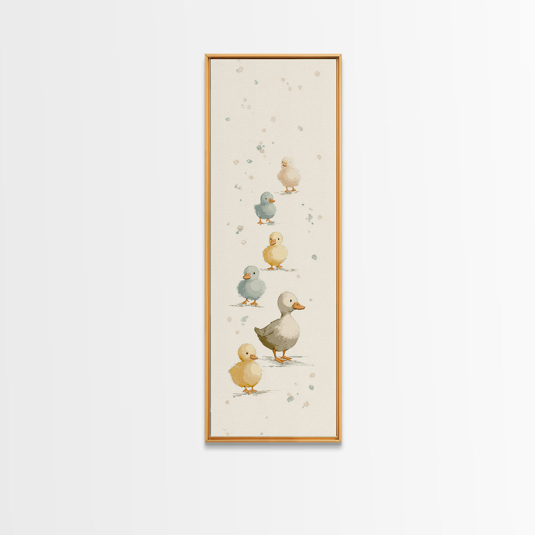 Ducklings Following a Mother Duck Framed Canvas Print, Nursery Art, Woodland Nursery Art, Nursery Decor, Oil Painting, Nursery, NUR-1x3-50