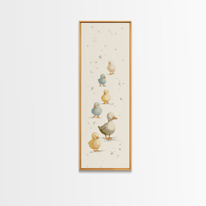Ducklings Following a Mother Duck Framed Canvas Print, Nursery Art, Woodland Nursery Art, Nursery Decor, Oil Painting, Nursery, NUR-1x3-50