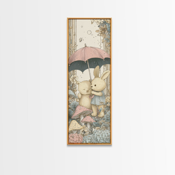 Bear and Rabbit Sharing Umbrella Framed Canvas Print, Nursery Art, Neutral Decor, Nursery Decor, Fine Art, Nursery, Wall Decor, NUR-1x3-53