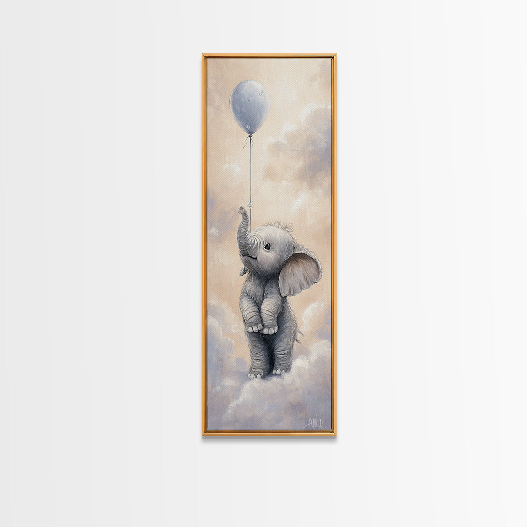 Sleepy Baby Elephant Holding a Tiny Balloon Framed Canvas Print, Nursery Art, Textured Painting, Nursery Decor, Nursery, NUR-1x3-61