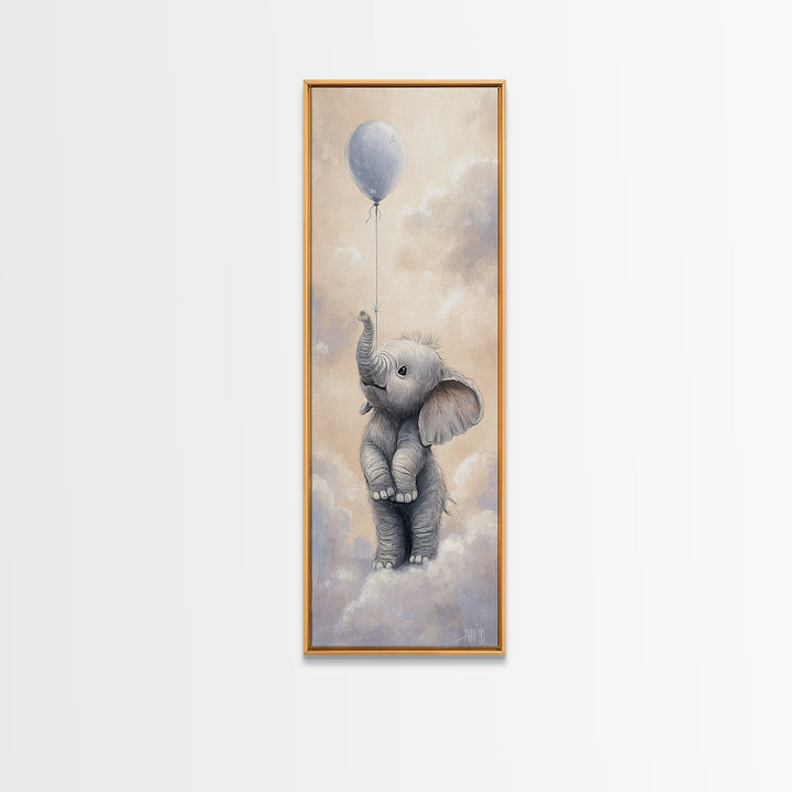 Sleepy Baby Elephant Holding a Tiny Balloon Framed Canvas Print, Nursery Art, Textured Painting, Nursery Decor, Nursery, NUR-1x3-61