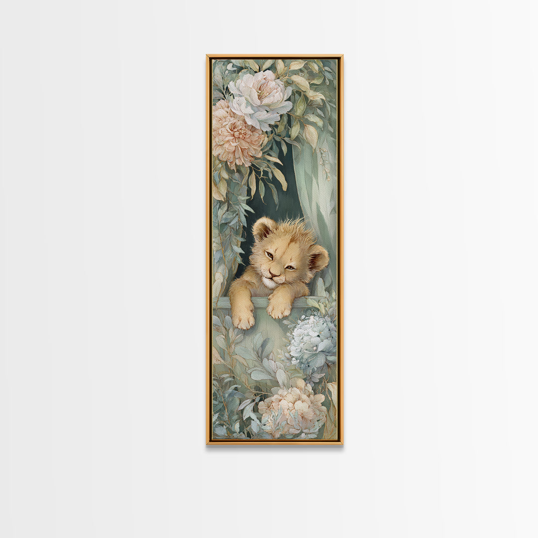 Lion Cub with Soft Golden Mane Framed Canvas Print, Nursery Art, Boho Decor, Nursery Decor, Oil Painting, Nursery, NUR-1x3-69