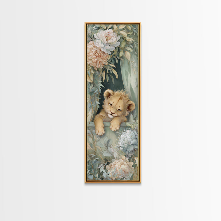 Lion Cub with Soft Golden Mane Framed Canvas Print, Nursery Art, Boho Decor, Nursery Decor, Oil Painting, Nursery, NUR-1x3-69