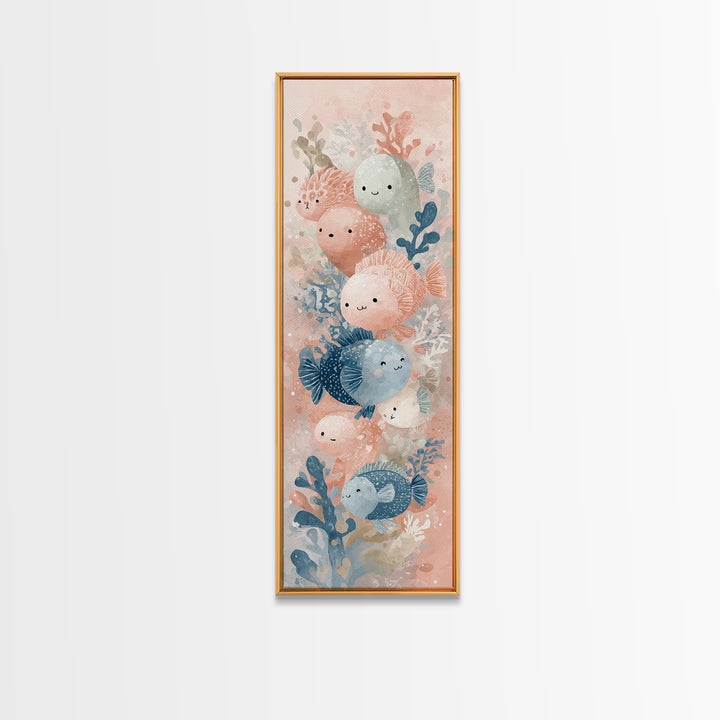 Friendly Ocean Creatures Framed Canvas Print, Nursery Art, Nursery, Nursery Decor, Oil Painting, Nursery, Playroom Wall Decor, NUR-1x3-84