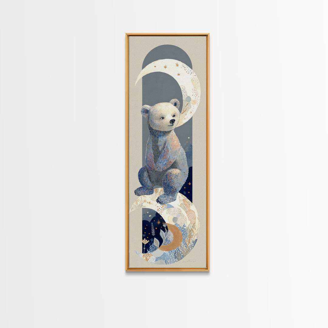 Baby Bear Floating on a Crescent Moon Canvas Print, Nursery Art, Luxury Decor, Nursery Decor, Oil Painting, Nursery, NUR-1x3-90