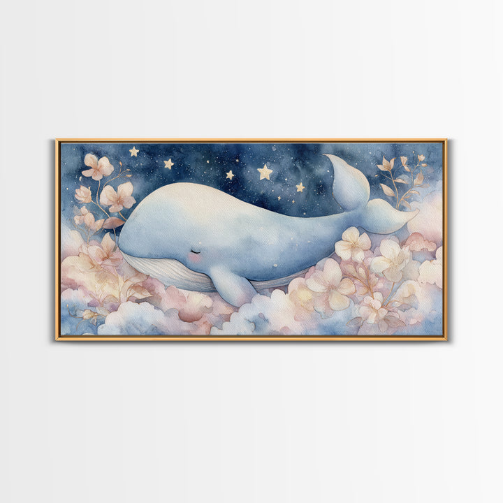 Whale and Tiny Stars Framed Canvas Print, Nursery Art, Playroom Wall Decor, Nursery Decor, Fine Art, Nursery, Modern Decor, NUR-2x1-100