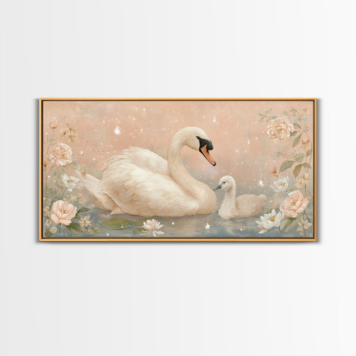Swan and Cygnet Framed Canvas Print, Nursery Art, Luxury Decor, Nursery Decor, Nursery, Nursery Wall Art, Printable Art, NUR-2x1-12