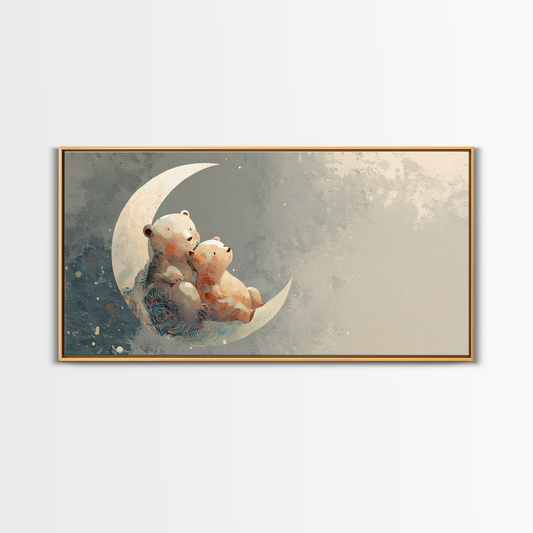 Baby Bear Floating on a Crescent Moon Canvas Print, Nursery Art, Boho Decor, Nursery Decor, Abstract Art, Nursery, NUR-2x1-2