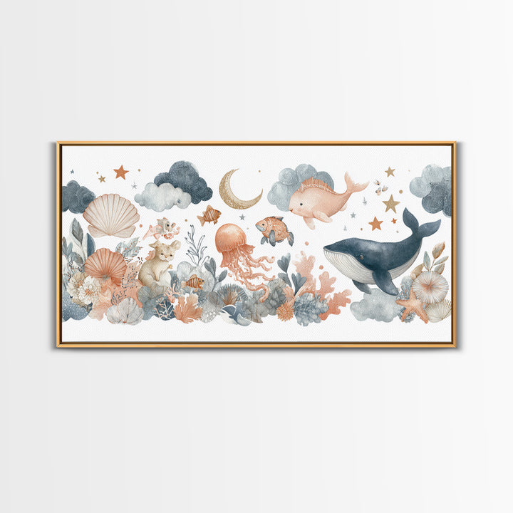 Friendly Ocean Creatures Framed Canvas Print, Nursery Art, Fine Art Print, Nursery Decor, Watercolor Art, Nursery, Digital Art, NUR-2x1-20