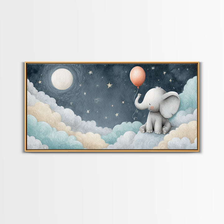Sleepy Baby Elephant Holding a Tiny Balloon Canvas Print, Nursery Art, Wall Art, Nursery Decor, Oil Painting, Nursery, NUR-2x1-21