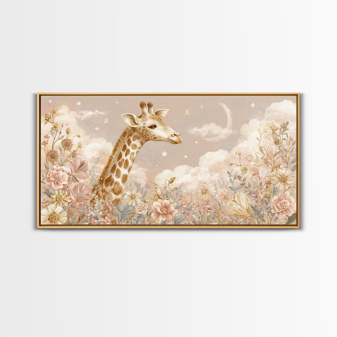 Gentle Giraffe with Pastel Flowers Canvas Print, Nursery Art, Statement Artwork, Nursery Decor, Fine Art, Nursery, NUR-2x1-22