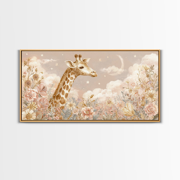 Gentle Giraffe with Pastel Flowers Canvas Print, Nursery Art, Statement Artwork, Nursery Decor, Fine Art, Nursery, NUR-2x1-22