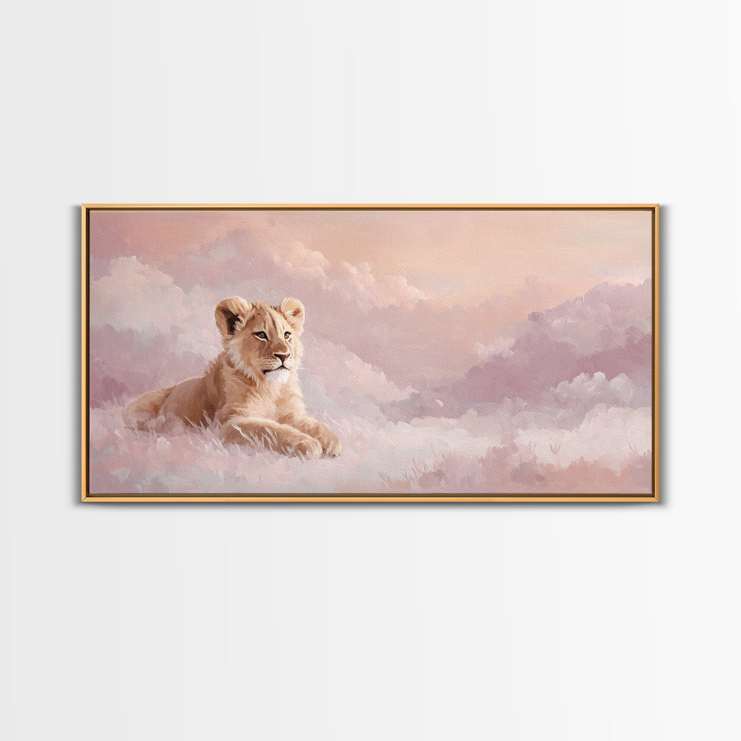 Lion Cub with Soft Golden Mane Framed Canvas Print, Nursery Art, Nursery Decor, Watercolor Art, Nursery 129, Wall Art Set of, NUR-2x1-29