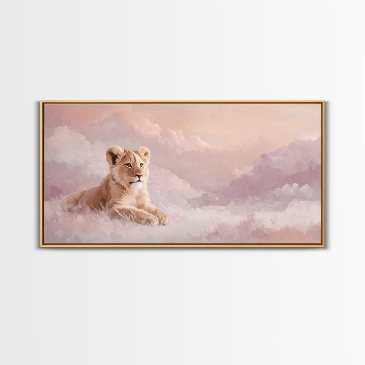 Lion Cub with Soft Golden Mane Framed Canvas Print, Nursery Art, Nursery Decor, Watercolor Art, Nursery 129, Wall Art Set of, NUR-2x1-29