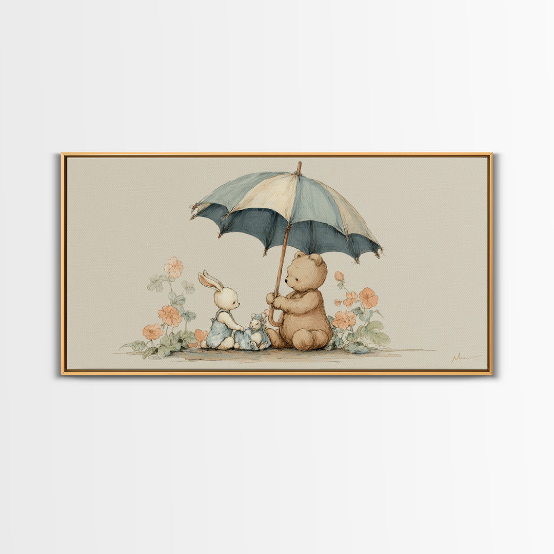 Bear and Rabbit Sharing Umbrella Framed Canvas Print, Nursery Art, Minimalist Decor, Nursery Decor, Fine Art, Nursery, NUR-2x1-37