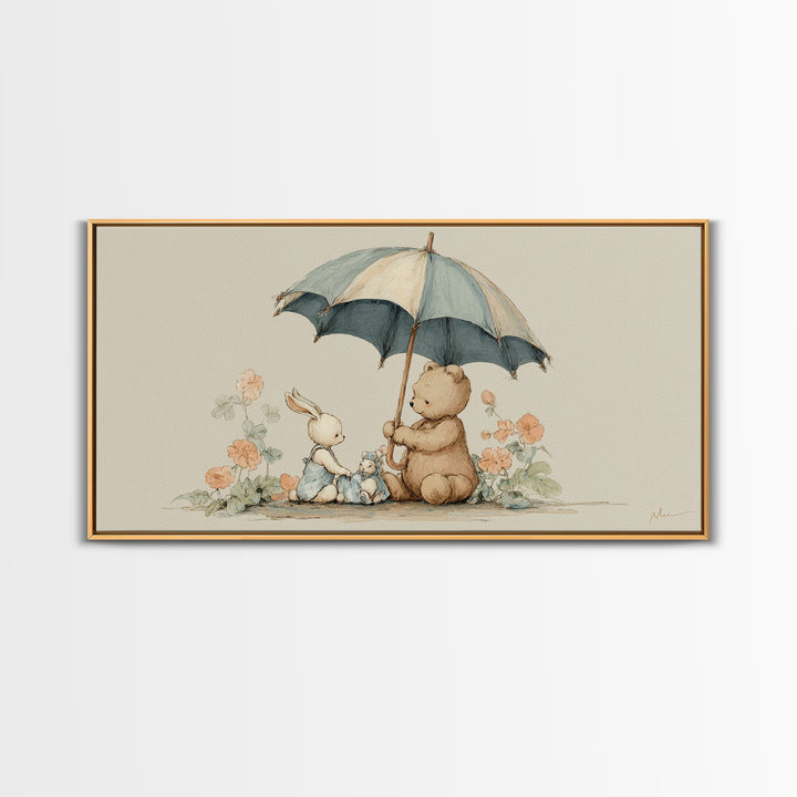 Bear and Rabbit Sharing Umbrella Framed Canvas Print, Nursery Art, Minimalist Decor, Nursery Decor, Fine Art, Nursery, NUR-2x1-37