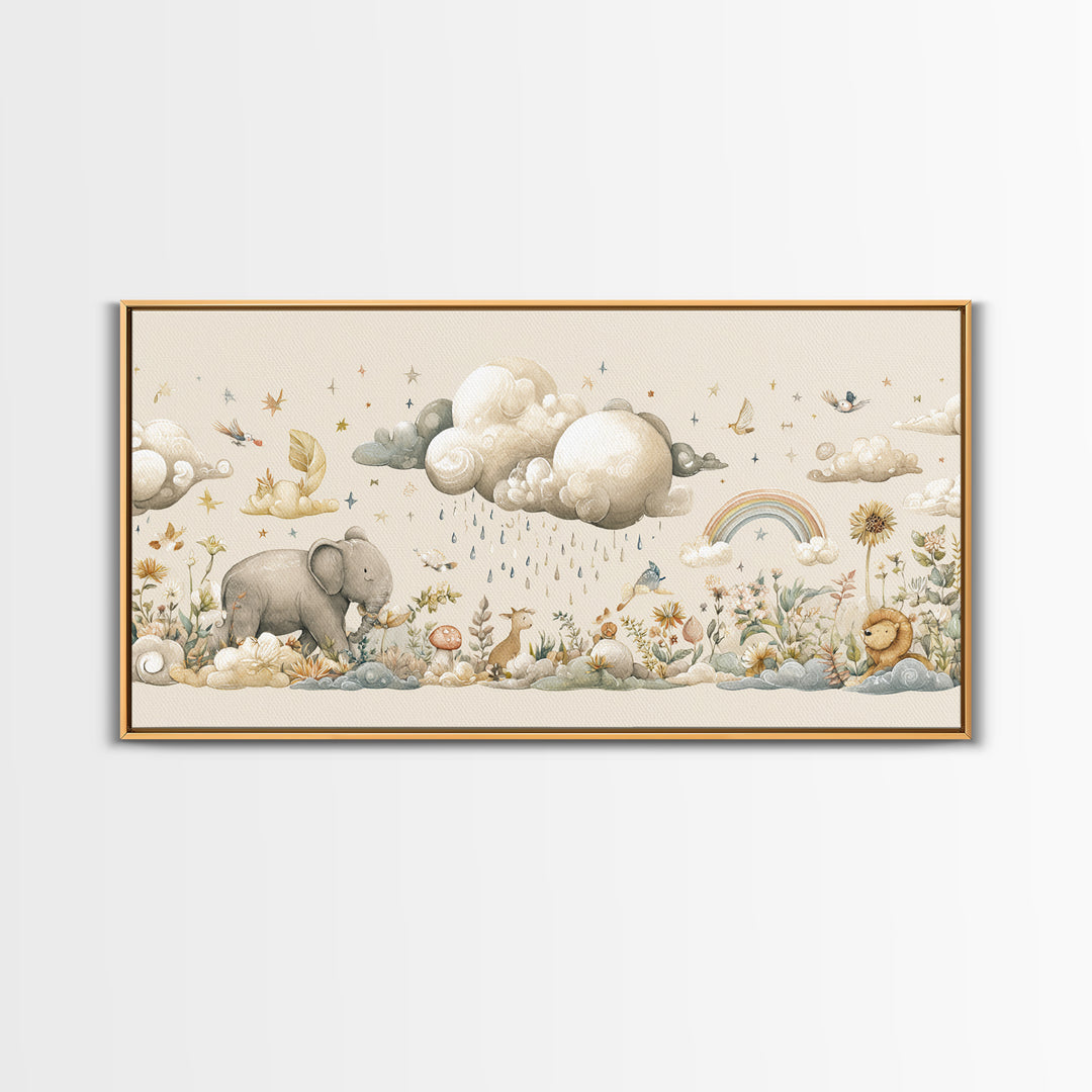 Clouds and Raindrops Framed Canvas Print, Nursery Art, Fine Art Print, Nursery Decor, Fine Art, Nursery, Digital Art, NUR-2x1-42