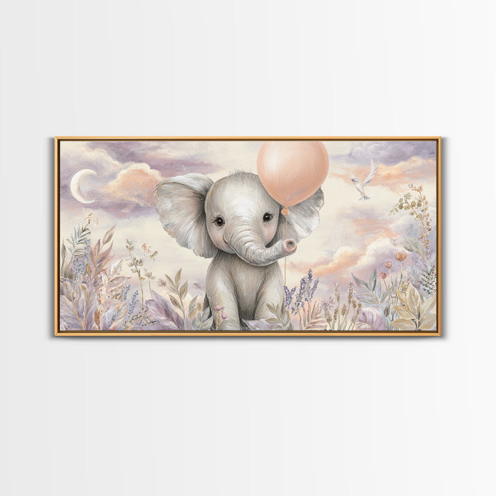 Sleepy Baby Elephant Holding a Tiny Balloon Framed Canvas Print, Nursery Art, Nursery Decor, Fine Art, Nursery, Kids Wall Art, NUR-2x1-45