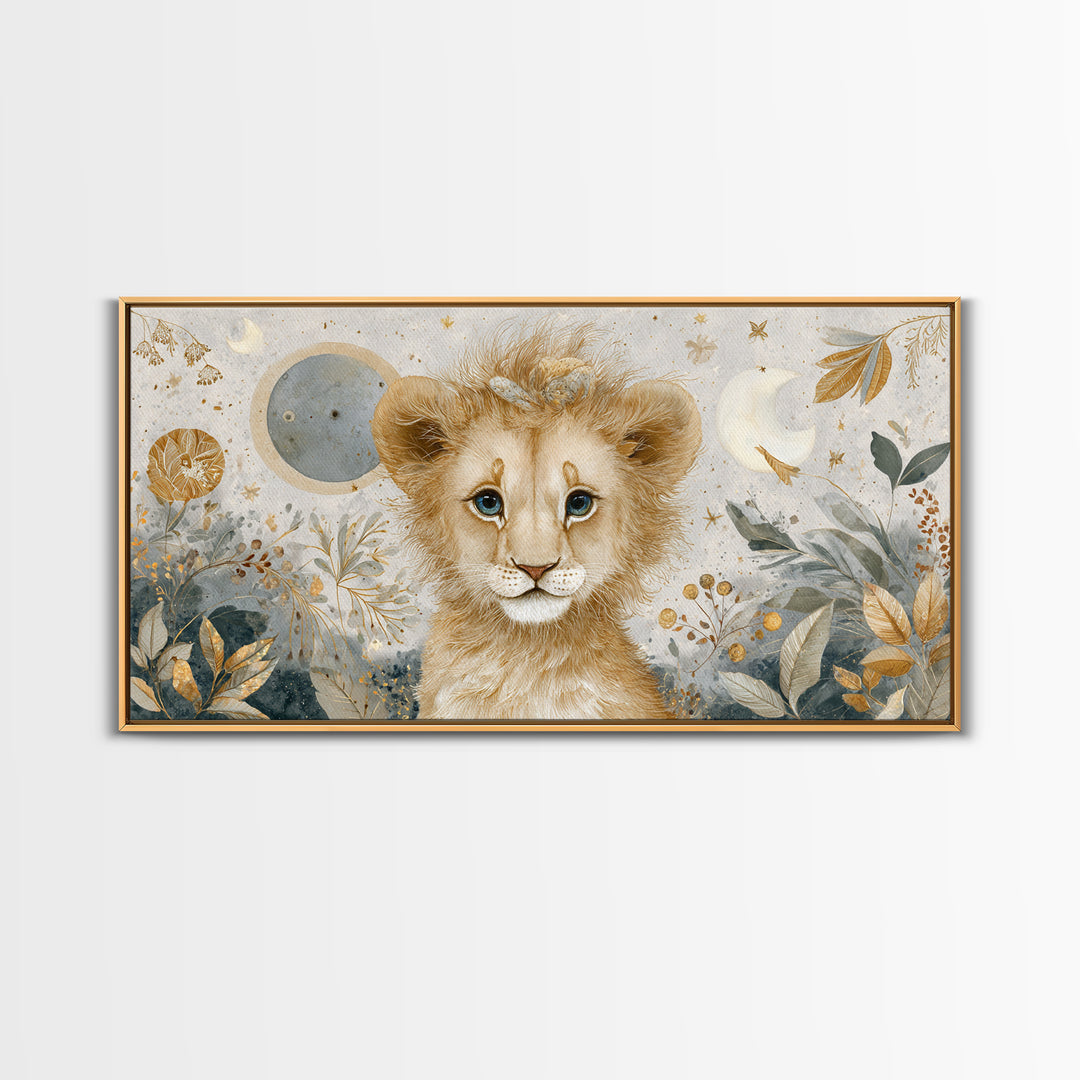 Lion Cub with Soft Golden Mane Framed Canvas Print, Nursery Art, Nursery Decor, Watercolor Art, Nursery 105, Wall Art Set of, NUR-2x1-5
