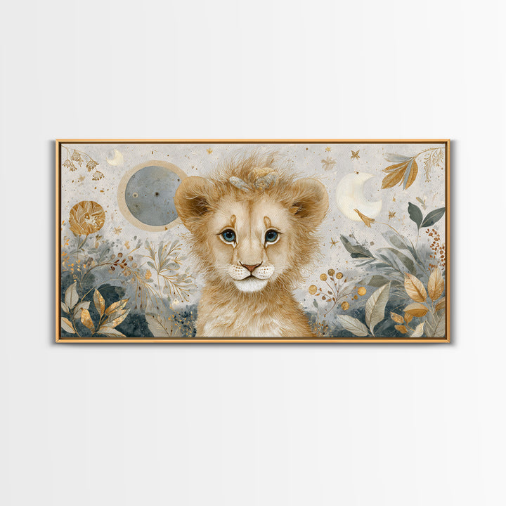Lion Cub with Soft Golden Mane Framed Canvas Print, Nursery Art, Nursery Decor, Watercolor Art, Nursery 105, Wall Art Set of, NUR-2x1-5