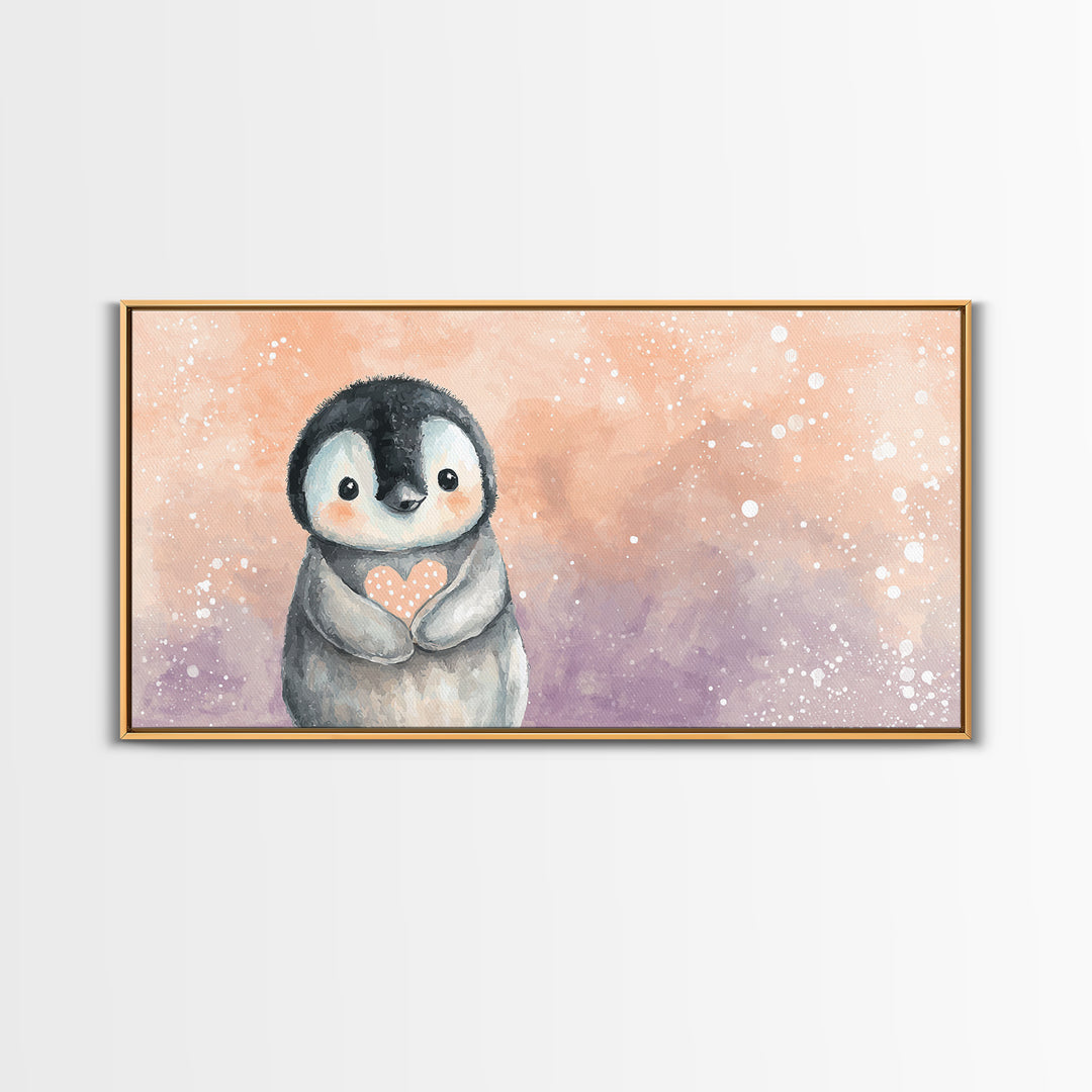 Penguin Holding a Little Heart Shape Canvas Print, Nursery Art, Contemporary Art, Nursery Decor, Abstract Art, Nursery, NUR-2x1-54