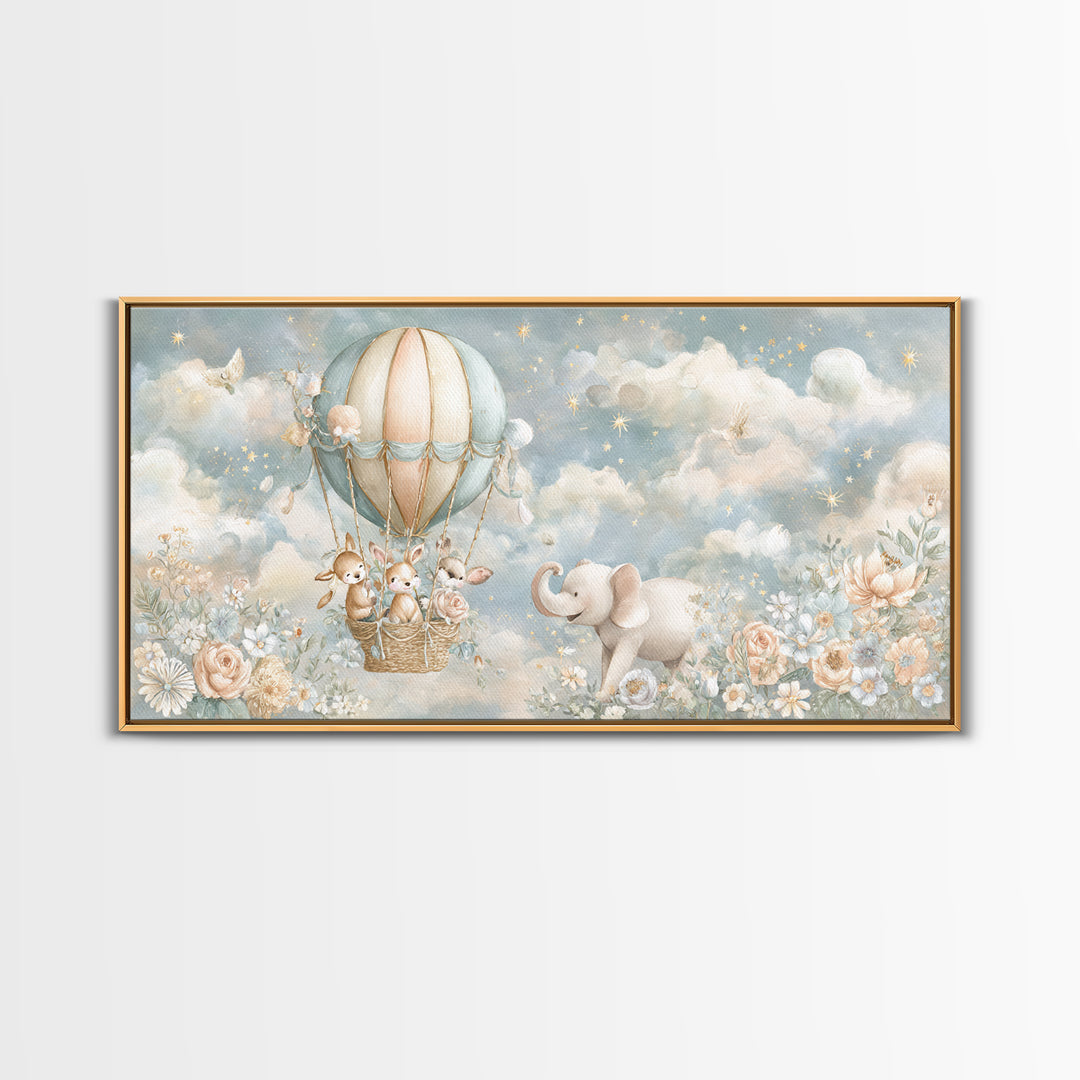 Floating Hot Air Balloon Framed Canvas Print, Nursery Art, Wall Hangings, Nursery Decor, Nursery, Digital Download Art, NUR-2x1-56