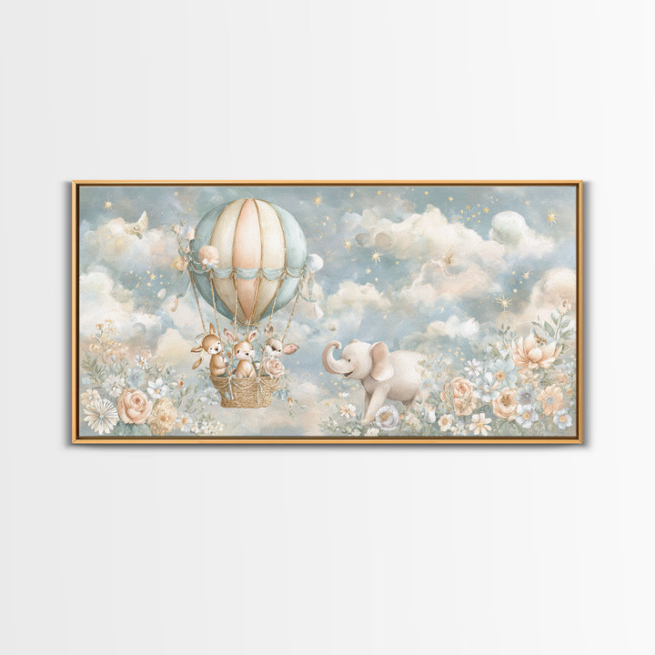 Floating Hot Air Balloon Framed Canvas Print, Nursery Art, Wall Hangings, Nursery Decor, Nursery, Digital Download Art, NUR-2x1-56