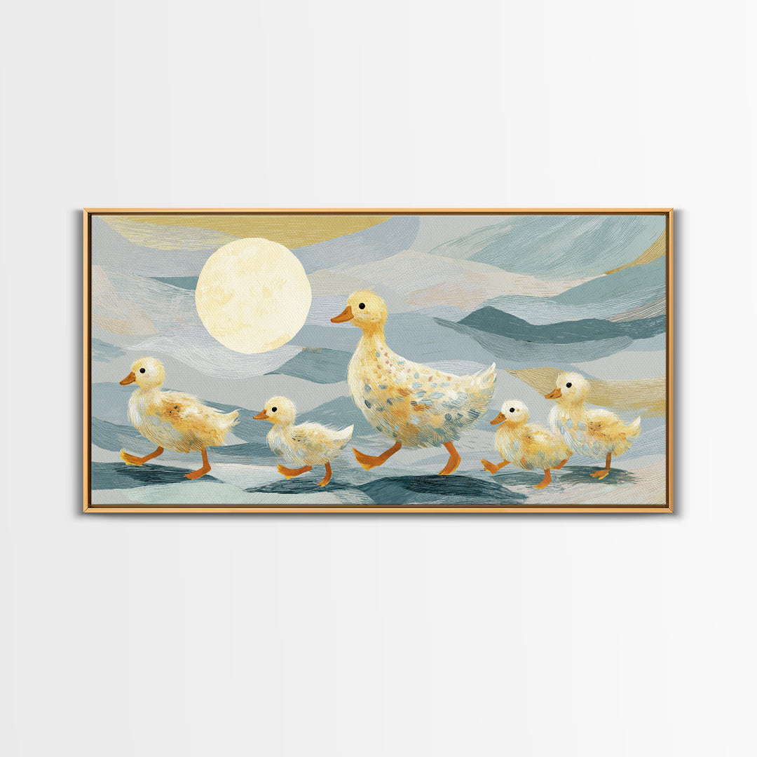 Ducklings Following a Mother Duck Canvas Print, Nursery Art, Wall Art, Nursery Decor, Oil Painting, Nursery, Nursery Prints, NUR-2x1-58