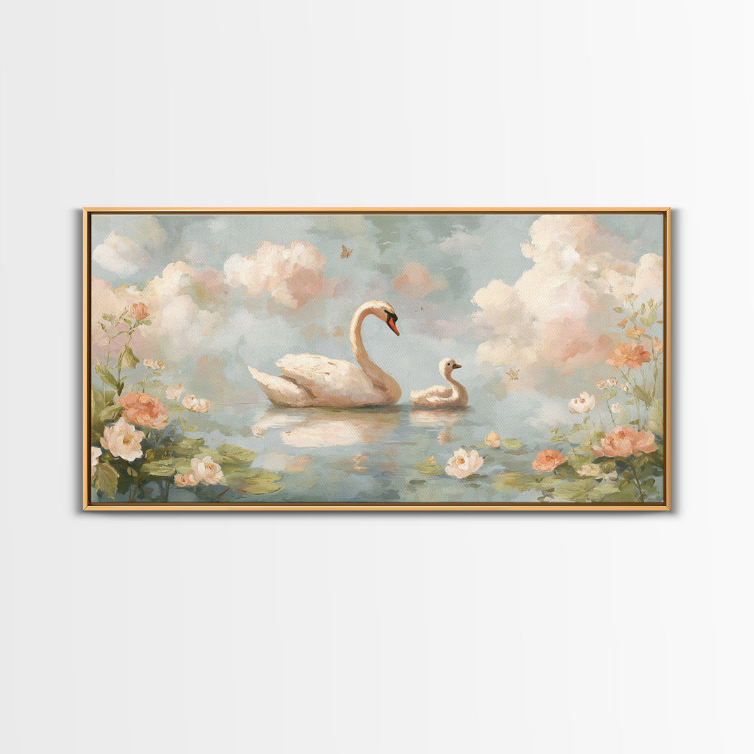 Swan and Cygnet Framed Canvas Print, Nursery Art, Nursery Decor, Oil Painting, Nursery, Kids Wall Art, Woodland Nursery, NUR-2x1-60