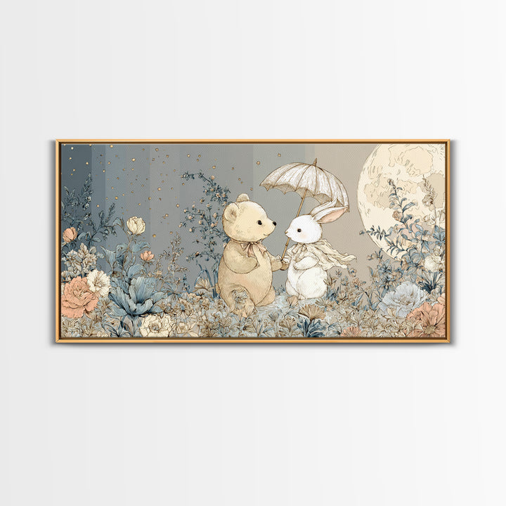 Bear and Rabbit Sharing Umbrella Canvas Print, Nursery Art, Printable Wall Art, Nursery Decor, Nursery, Butterfly Wall Art, NUR-2x1-61