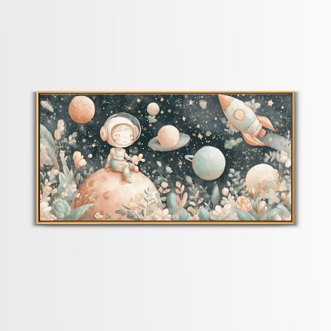 Rocket Ship and Smiling Planets Framed Canvas Print, Nursery Art, Wall Hangings, Nursery Decor, Abstract Art, Nursery, NUR-2x1-65